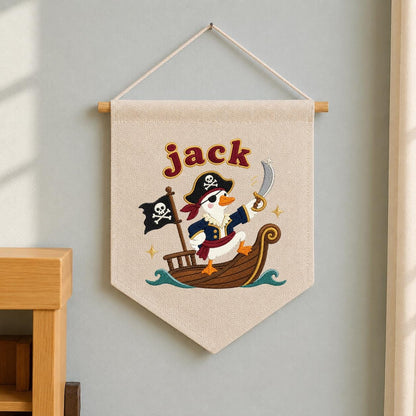 Personalized Pirate Duck Embroidered Pennant Banner, Nursery Wall Hanging Sign