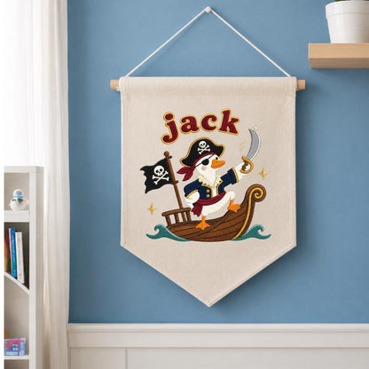 Personalized Pirate Duck Embroidered Pennant Banner, Nursery Wall Hanging Sign