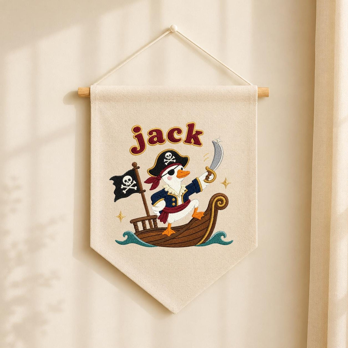 Personalized Pirate Duck Embroidered Pennant Banner, Nursery Wall Hanging Sign