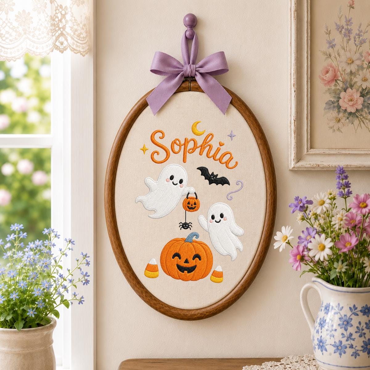 Personalized Embroidered Halloween Hoop Art, Custom Name Wall Decor