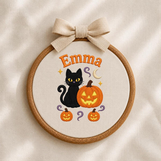 Personalized Embroidered Hoop Sign, Black Cat Pumpkin Halloween Decor