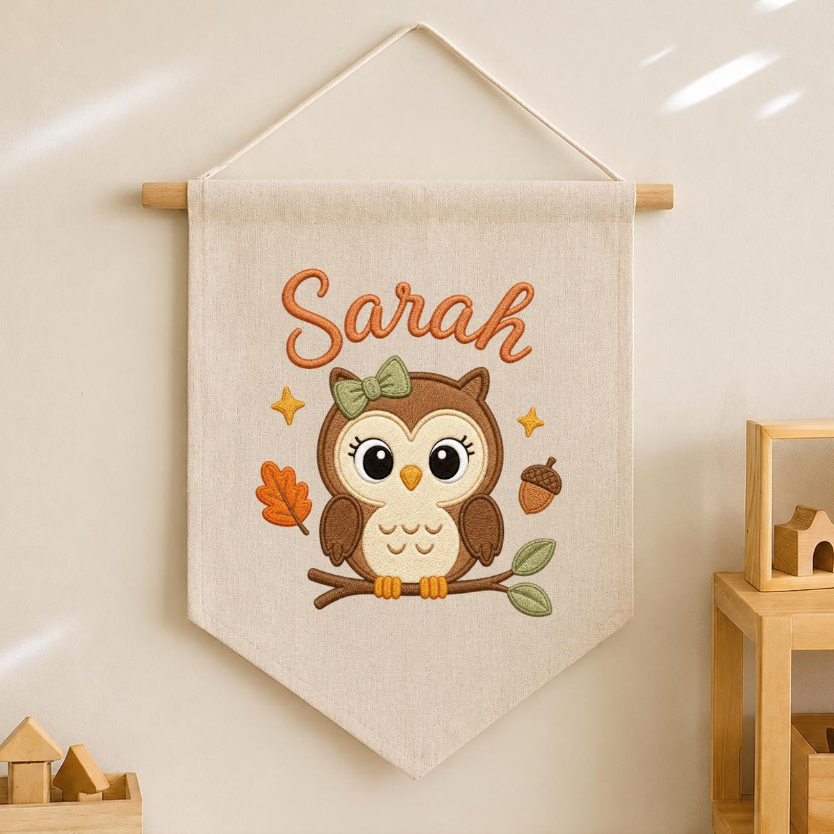 Personalized Owl Embroidered Name Banner, Woodland Nursery Wall Decor
