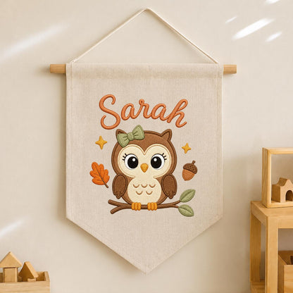 Personalized Owl Embroidered Name Banner, Woodland Nursery Wall Decor