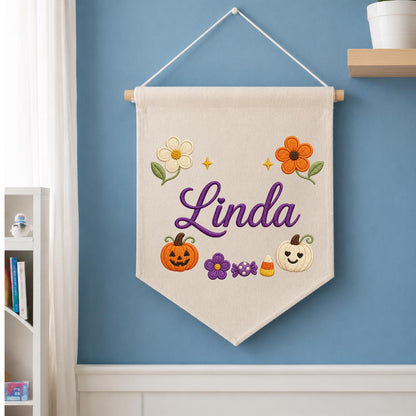 Personalized Embroidered Name Banner, Fall Floral Pumpkin Nursery Decor
