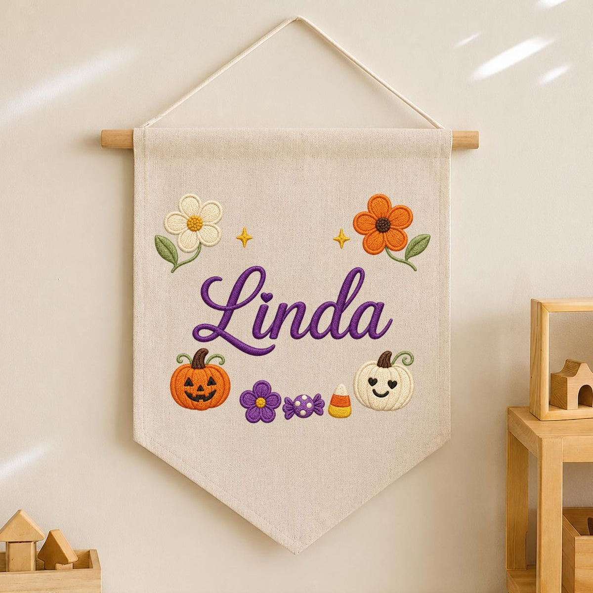 Personalized Embroidered Name Banner, Fall Floral Pumpkin Nursery Decor