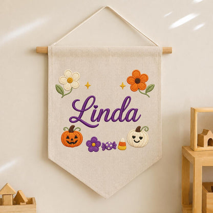 Personalized Embroidered Name Banner, Fall Floral Pumpkin Nursery Decor