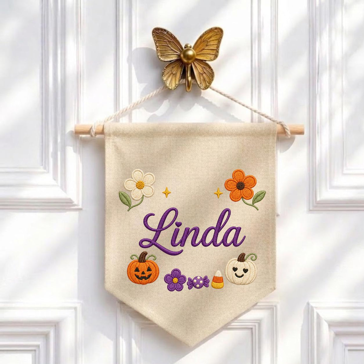 Personalized Embroidered Name Banner, Fall Floral Pumpkin Nursery Decor