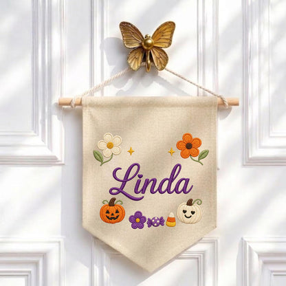 Personalized Embroidered Name Banner, Fall Floral Pumpkin Nursery Decor