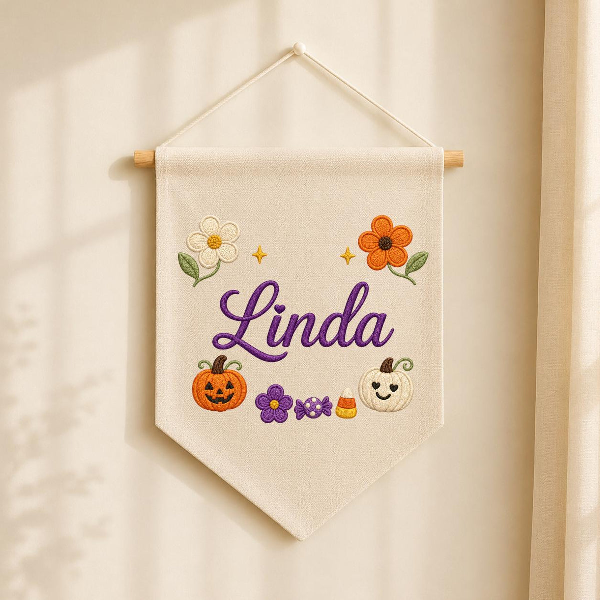 Personalized Embroidered Name Banner, Fall Floral Pumpkin Nursery Decor