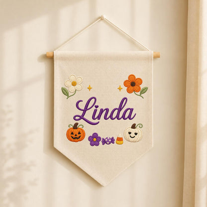 Personalized Embroidered Name Banner, Fall Floral Pumpkin Nursery Decor