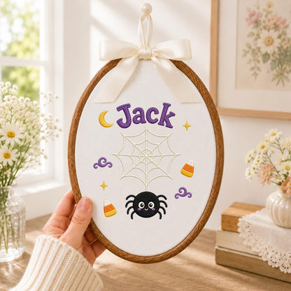 Personalized Spider Halloween Hoop Art, Custom Embroidered Name Fabric Wall Decor
