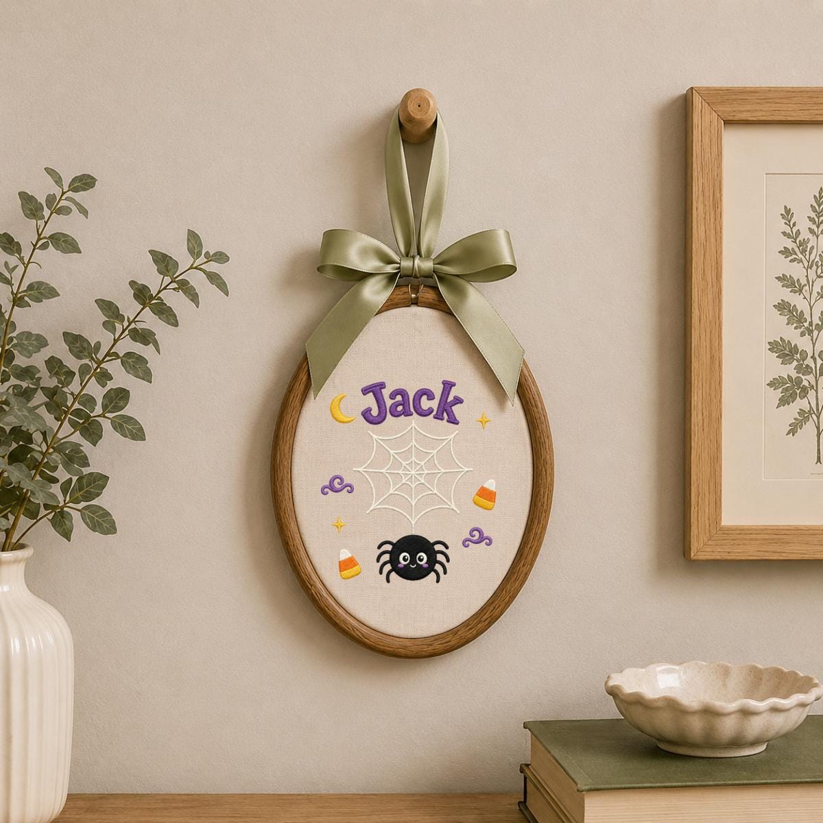 Personalized Spider Halloween Hoop Art, Custom Embroidered Name Fabric Wall Decor