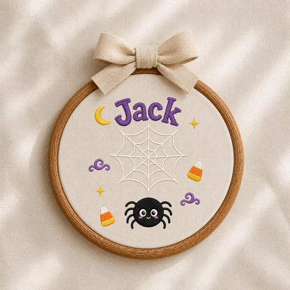 Personalized Spider Halloween Hoop Art, Custom Embroidered Name Fabric Wall Decor