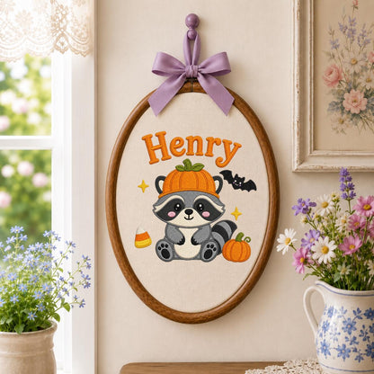 Personalized Raccoon Halloween Hoop Art, Custom Name Embroidery, Spooky Woodland Decor