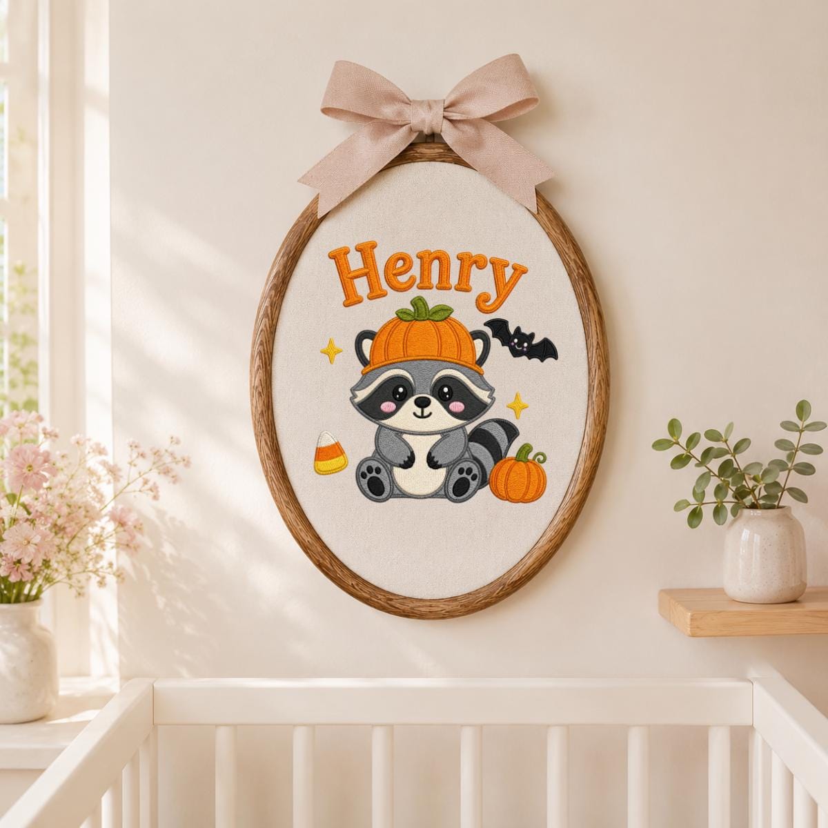 Personalized Raccoon Halloween Hoop Art, Custom Name Embroidery, Spooky Woodland Decor