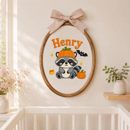 Personalized Raccoon Halloween Hoop Art, Custom Name Embroidery, Spooky Woodland Decor