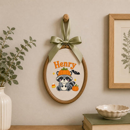 Personalized Raccoon Halloween Hoop Art, Custom Name Embroidery, Spooky Woodland Decor