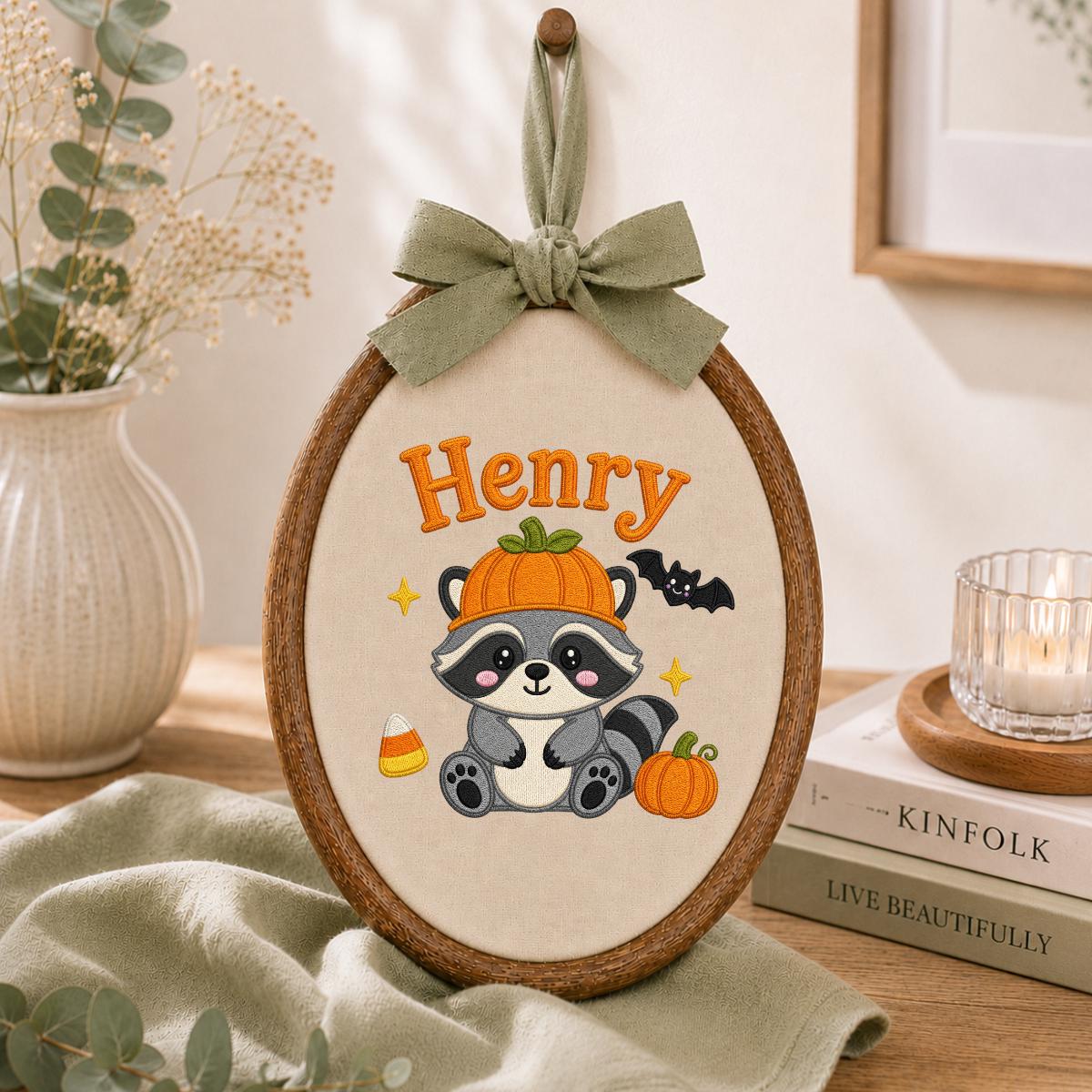 Personalized Raccoon Halloween Hoop Art, Custom Name Embroidery, Spooky Woodland Decor