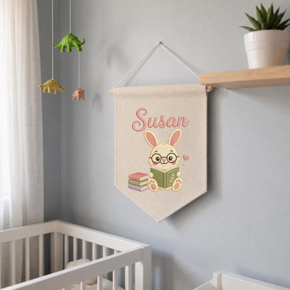 Personalized Embroidered Bunny Reading Banner, Custom Name Nursery Decor