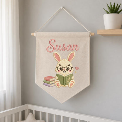 Personalized Embroidered Bunny Reading Banner, Custom Name Nursery Decor