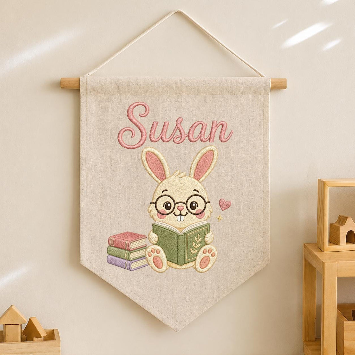 Personalized Embroidered Bunny Reading Banner, Custom Name Nursery Decor