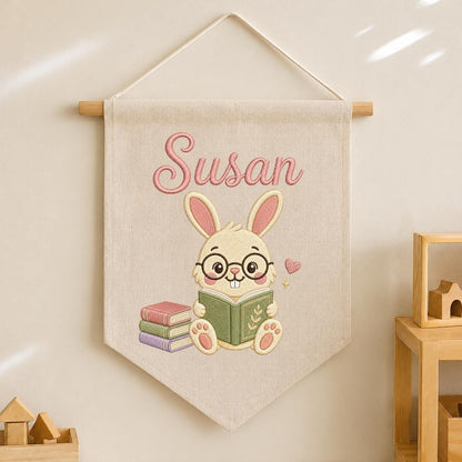 Personalized Embroidered Bunny Reading Banner, Custom Name Nursery Decor