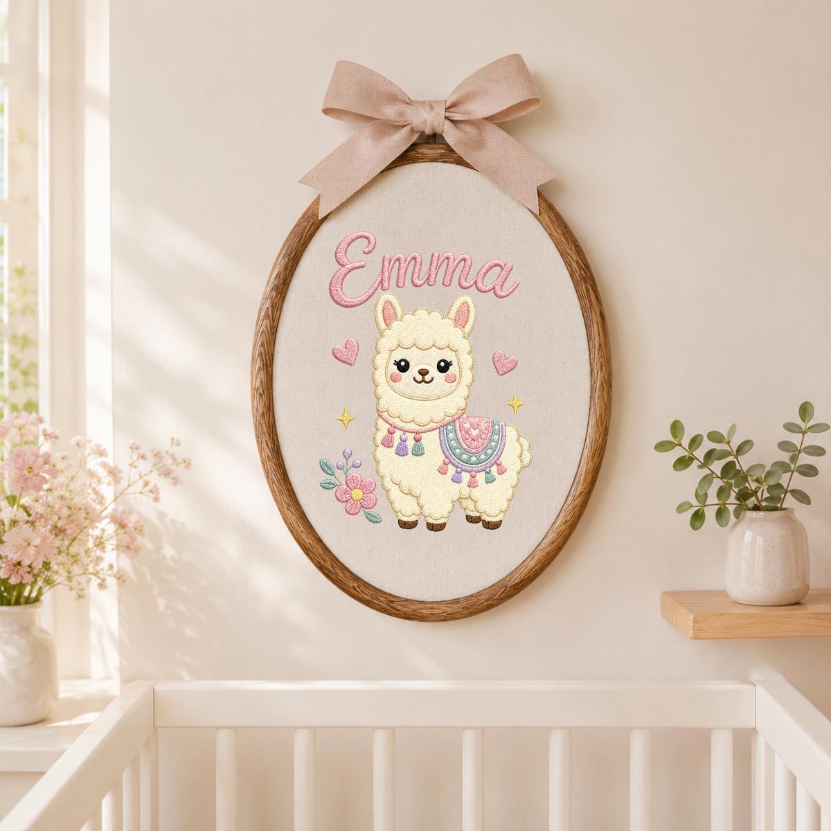 Personalized Embroidered Llama Hoop Art, Floral Nursery Name Sign