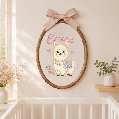 Personalized Embroidered Llama Hoop Art, Floral Nursery Name Sign