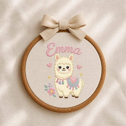 Personalized Embroidered Llama Hoop Art, Floral Nursery Name Sign