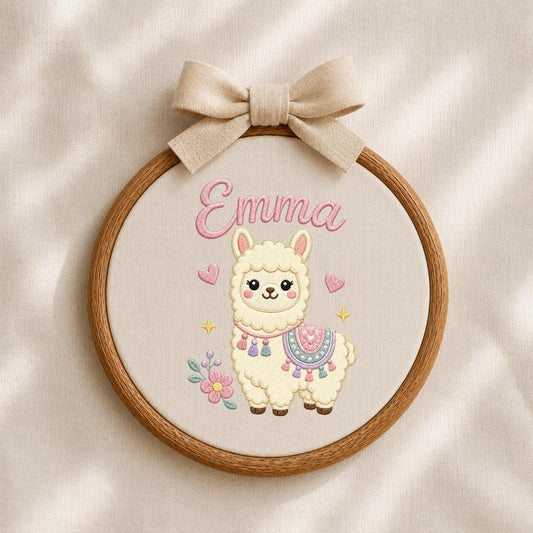 Personalized Embroidered Llama Hoop Art, Floral Nursery Name Sign