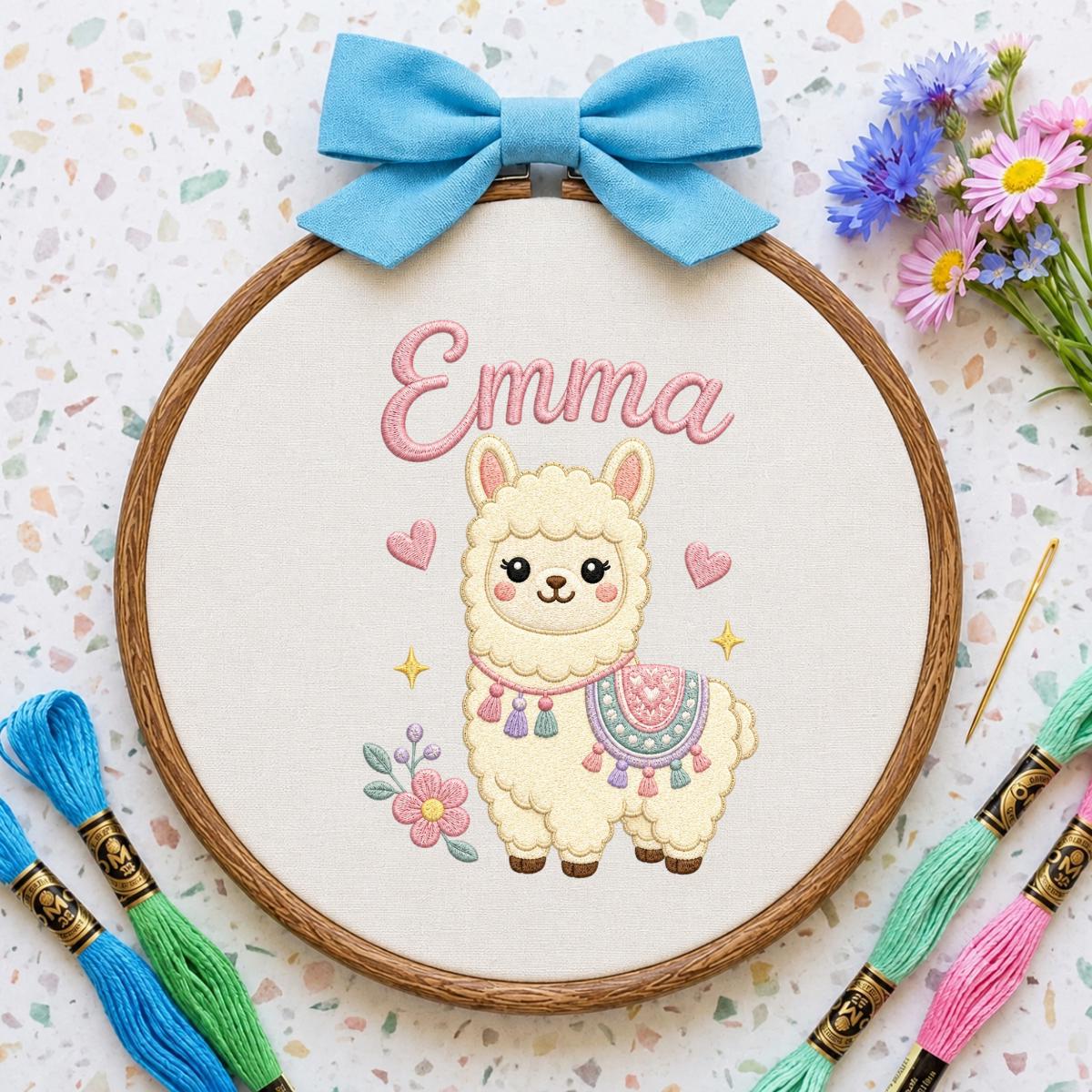 Personalized Embroidered Llama Hoop Art, Floral Nursery Name Sign