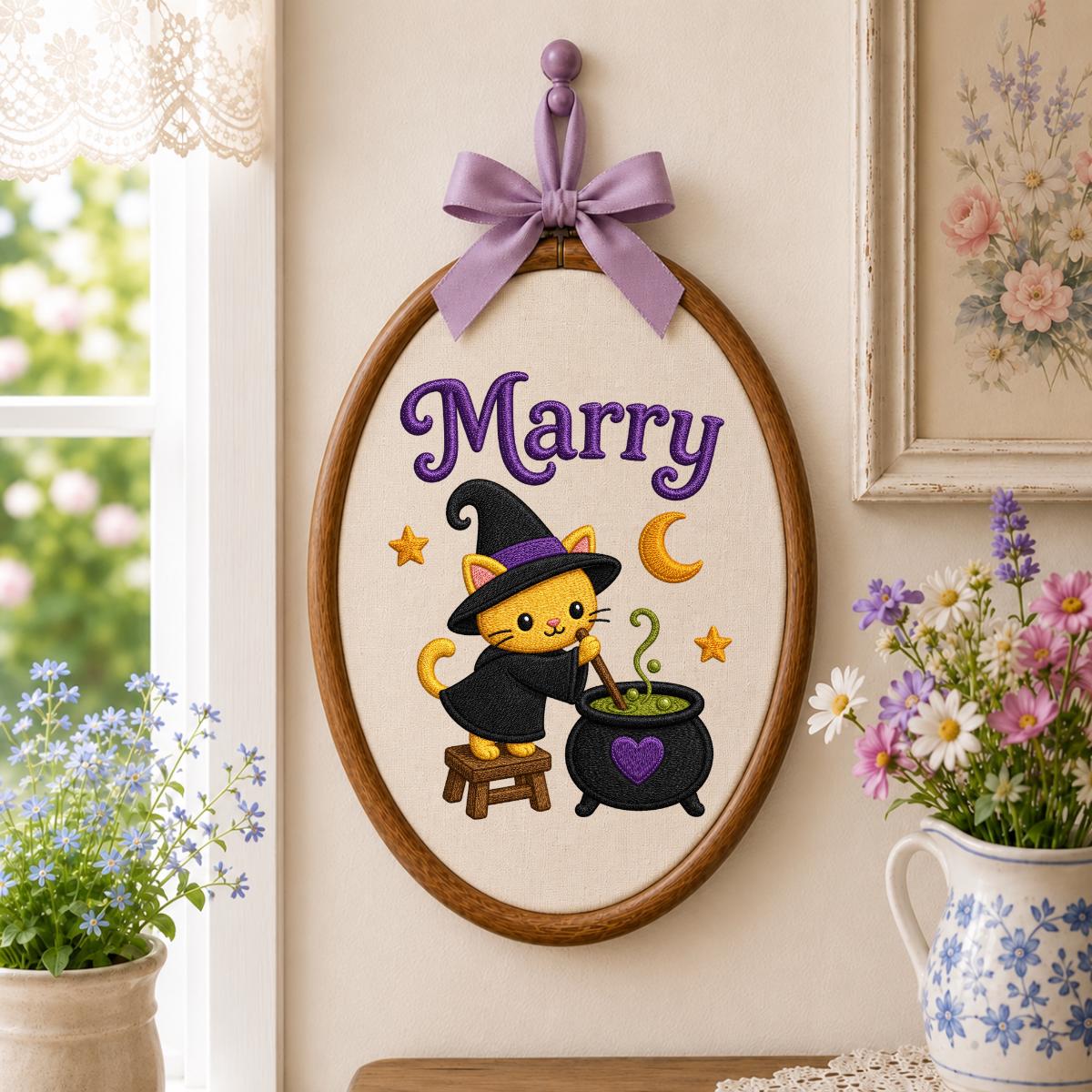 Personalized Witch Cat Halloween Hoop Art, Custom Name Embroidery, Spooky Nursery Decor