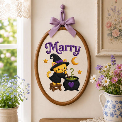 Personalized Witch Cat Halloween Hoop Art, Custom Name Embroidery, Spooky Nursery Decor