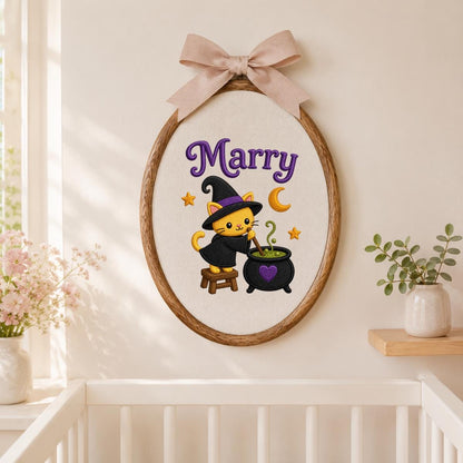 Personalized Witch Cat Halloween Hoop Art, Custom Name Embroidery, Spooky Nursery Decor