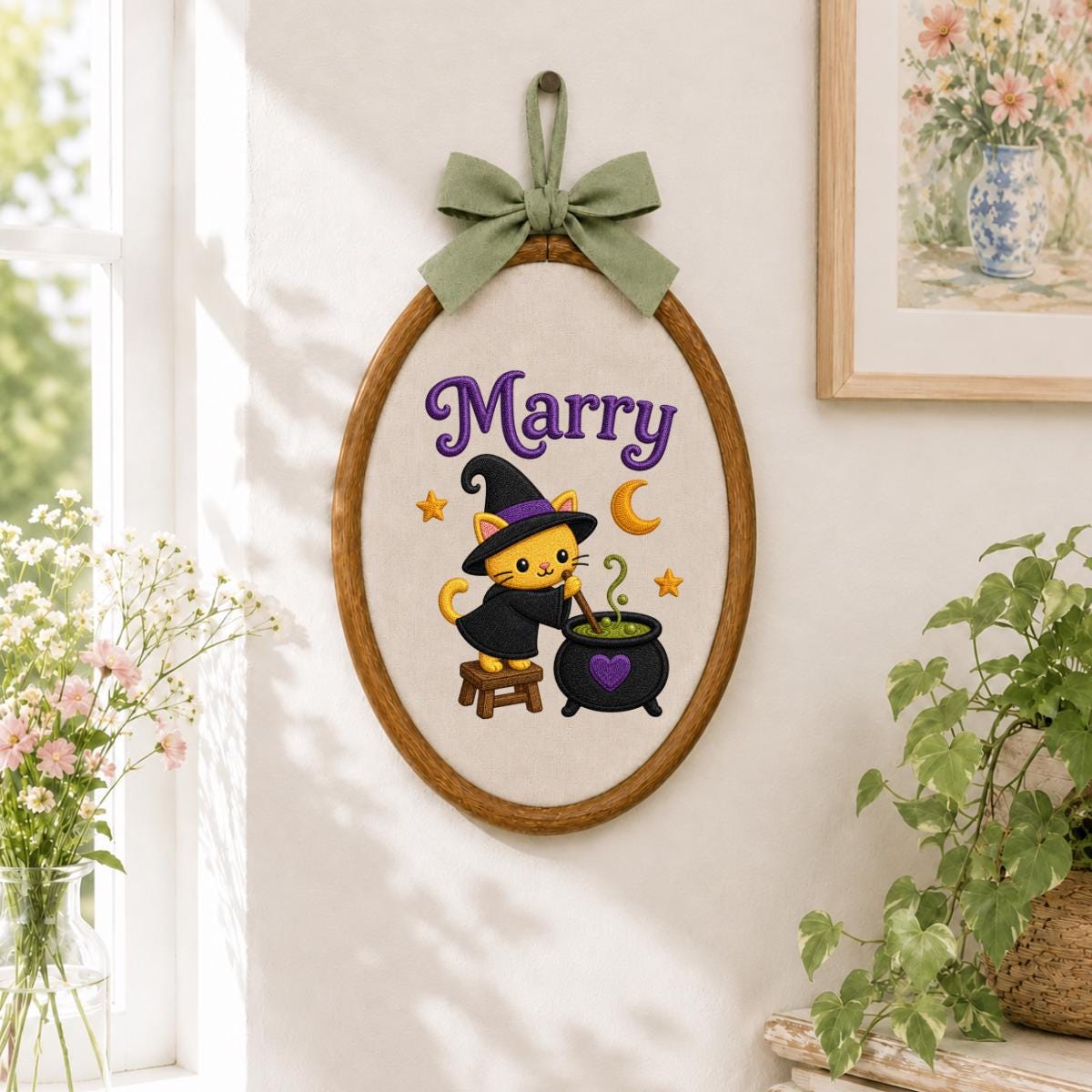 Personalized Witch Cat Halloween Hoop Art, Custom Name Embroidery, Spooky Nursery Decor