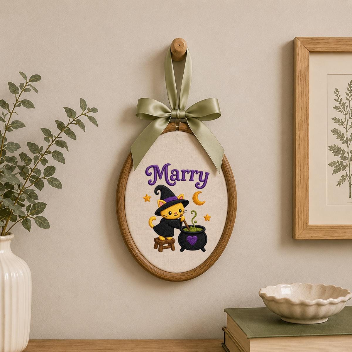 Personalized Witch Cat Halloween Hoop Art, Custom Name Embroidery, Spooky Nursery Decor