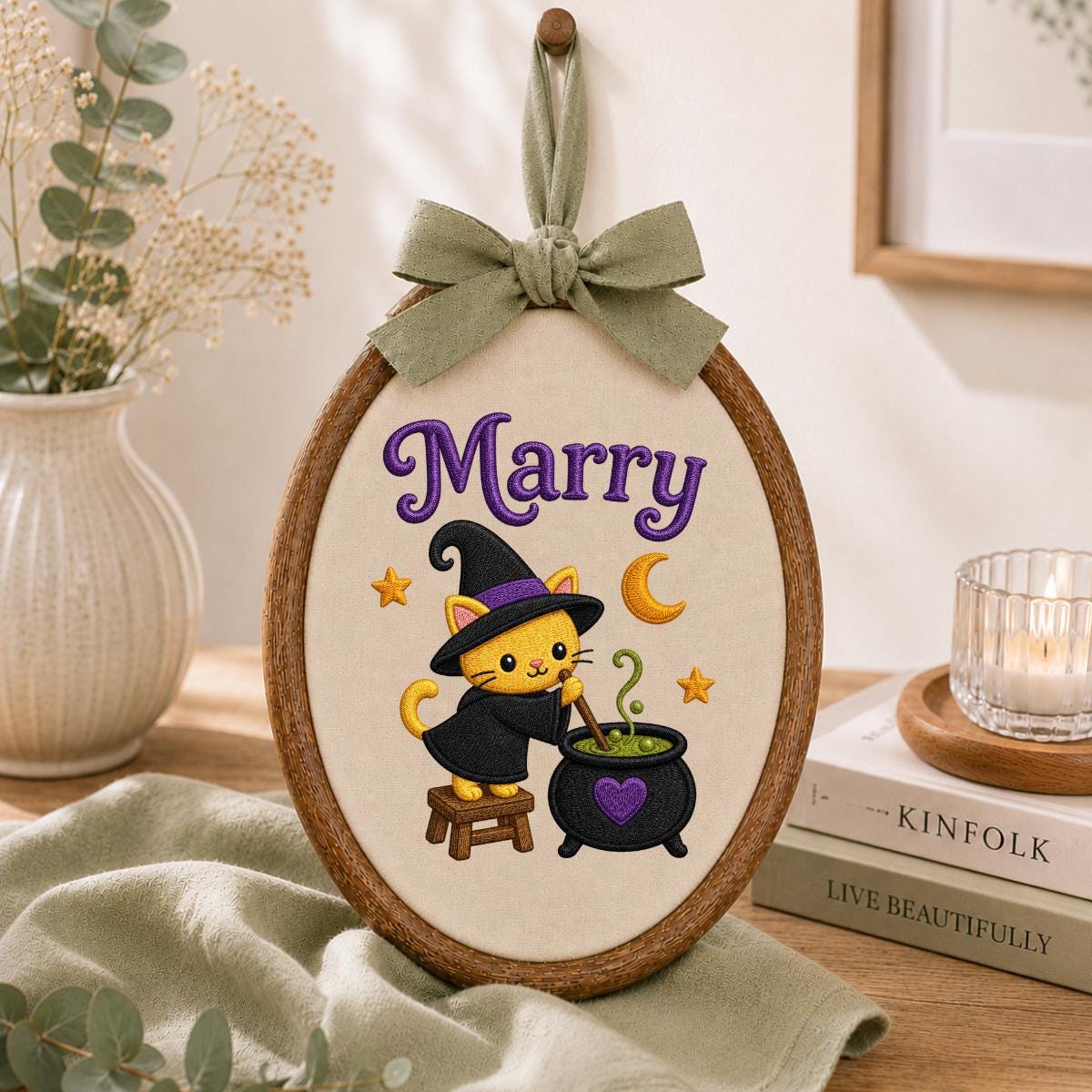 Personalized Witch Cat Halloween Hoop Art, Custom Name Embroidery, Spooky Nursery Decor