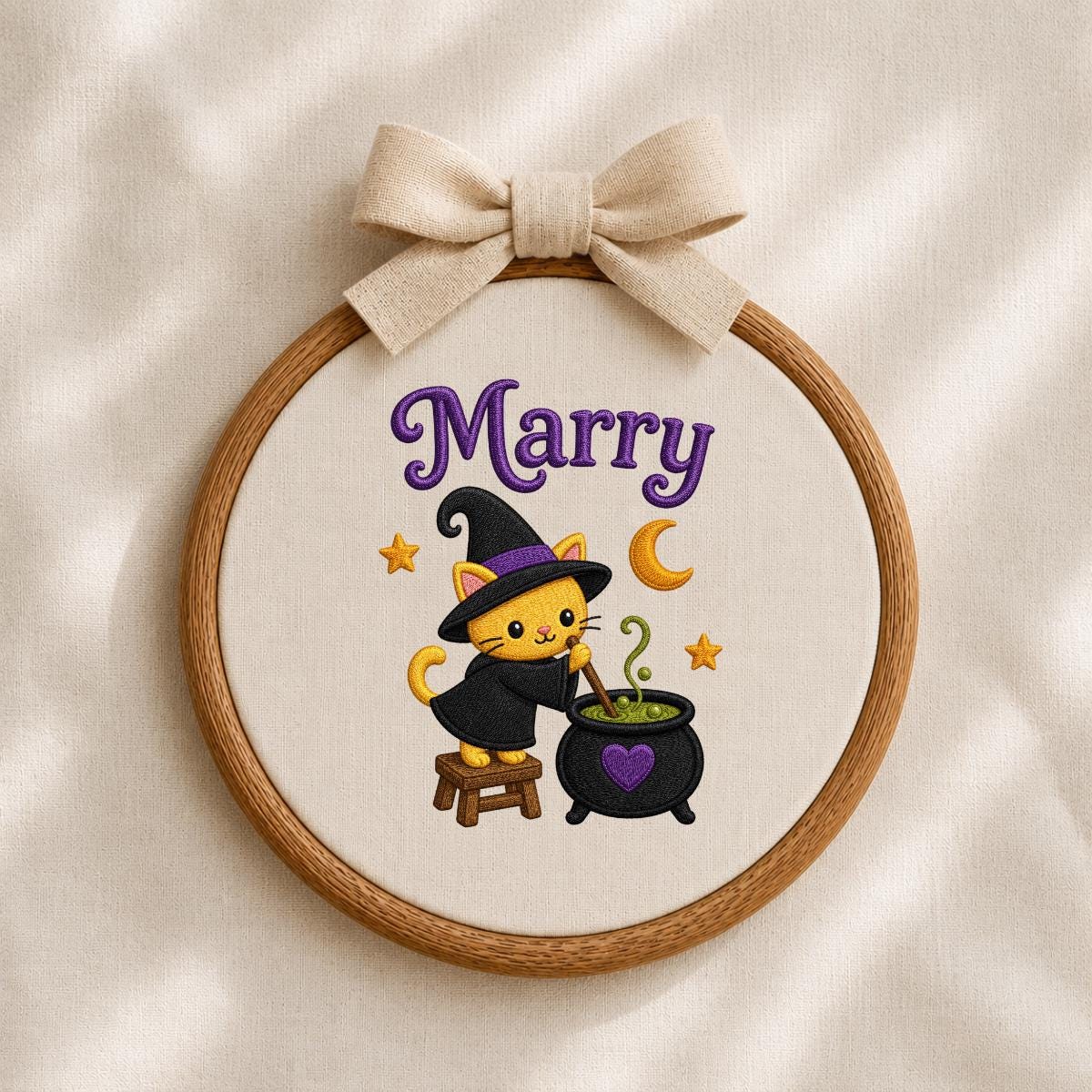 Personalized Witch Cat Halloween Hoop Art, Custom Name Embroidery, Spooky Nursery Decor