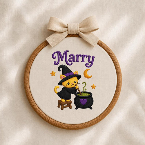 Personalized Witch Cat Halloween Hoop Art, Custom Name Embroidery, Spooky Nursery Decor