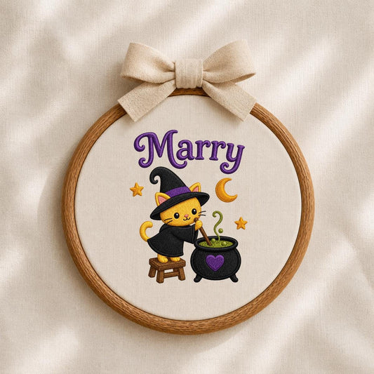 Personalized Witch Cat Halloween Hoop Art, Custom Name Embroidery, Spooky Nursery Decor