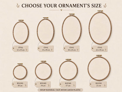 May include: A collection of eight embroidery hoops in faux wood grain plastic, arranged in two rows. The top row features four oval hoops in sizes 12x15 cm, 15x19 cm, 18x25 cm, and 22x29 cm. The bottom row shows four round hoops in 10 cm, 14 cm, 17 cm, and 21 cm.