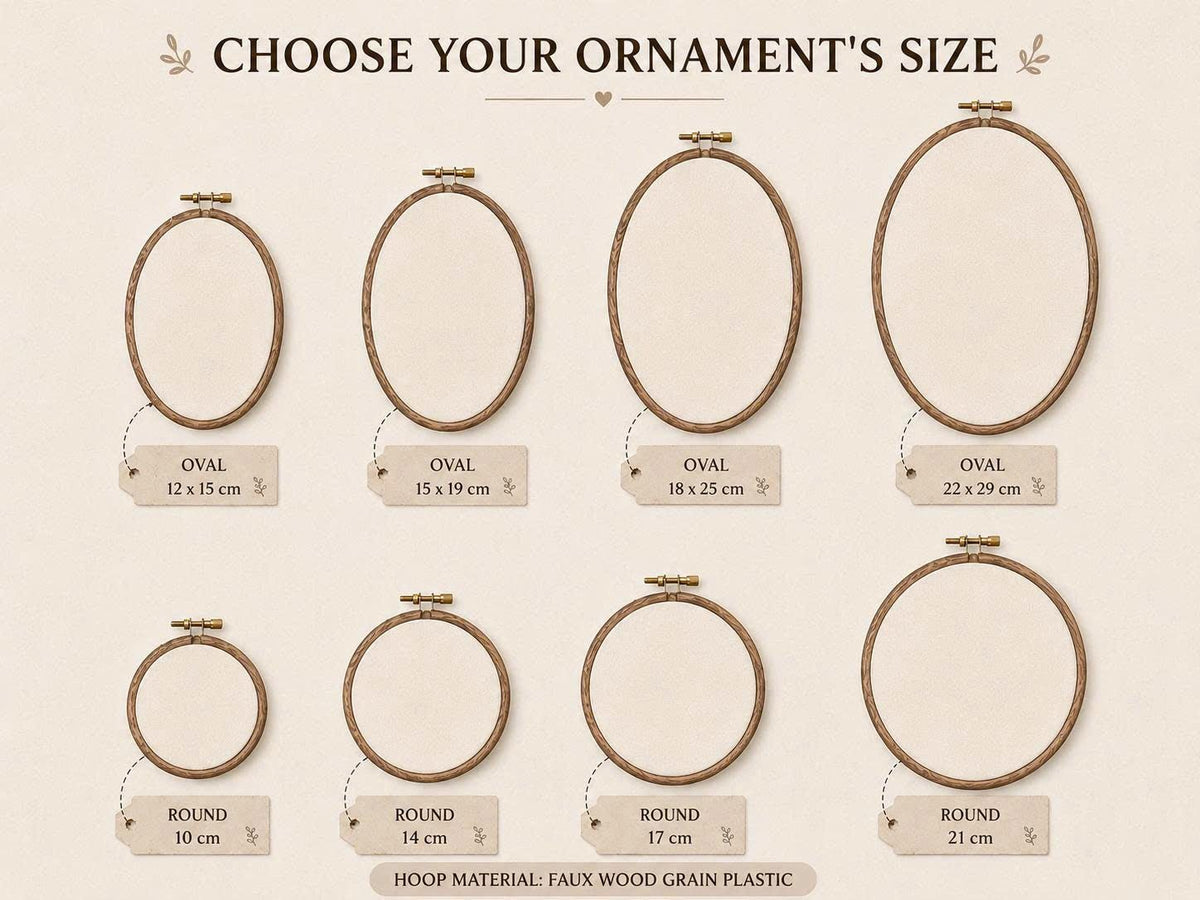 May include: A collection of eight embroidery hoops in faux wood grain plastic, arranged in two rows. The top row features four oval hoops in sizes 12x15 cm, 15x19 cm, 18x25 cm, and 22x29 cm. The bottom row shows four round hoops in 10 cm, 14 cm, 17 cm, and 21 cm.