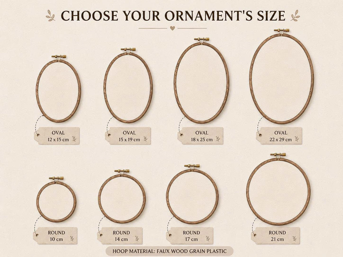 May include: A collection of eight embroidery hoops in faux wood grain plastic, arranged in two rows. The top row features four oval hoops in sizes 12x15 cm, 15x19 cm, 18x25 cm, and 22x29 cm. The bottom row shows four round hoops in 10 cm, 14 cm, 17 cm, and 21 cm.