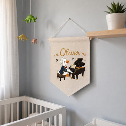 Personalized Embroidered Duck Piano Banner, Custom Name Nursery Decor, Mozart Musician Wall Hanging