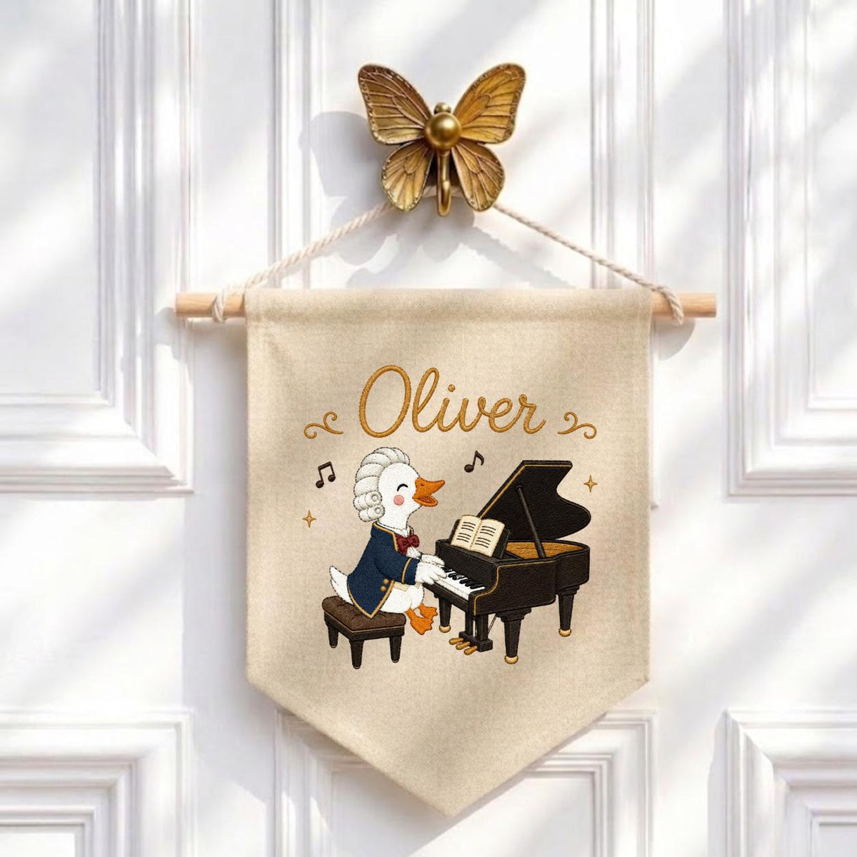 Personalized Embroidered Duck Piano Banner, Custom Name Nursery Decor, Mozart Musician Wall Hanging