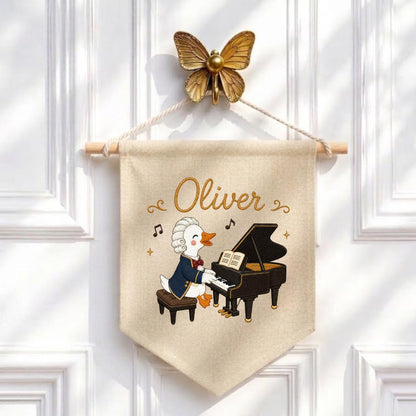 Personalized Embroidered Duck Piano Banner, Custom Name Nursery Decor, Mozart Musician Wall Hanging