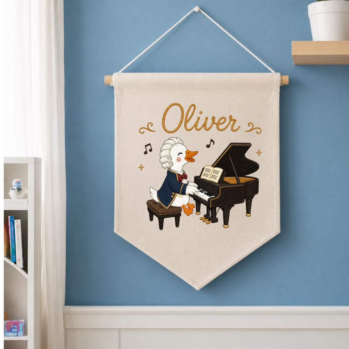 Personalized Embroidered Duck Piano Banner, Custom Name Nursery Decor, Mozart Musician Wall Hanging