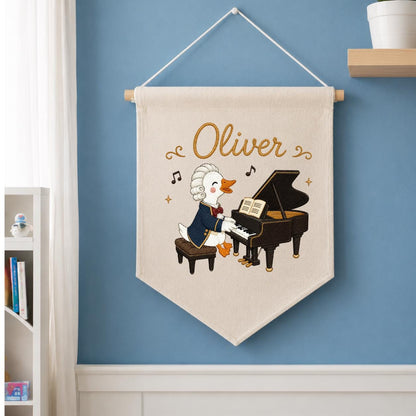 Personalized Embroidered Duck Piano Banner, Custom Name Nursery Decor, Mozart Musician Wall Hanging