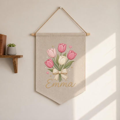 Personalized Embroidered Tulip Bouquet Banner, Custom Name Nursery Decor