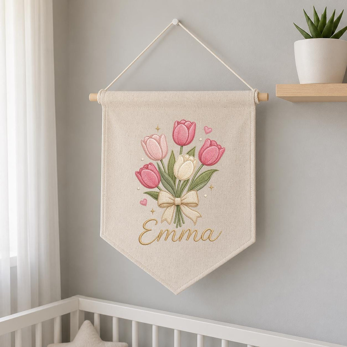 Personalized Embroidered Tulip Bouquet Banner, Custom Name Nursery Decor